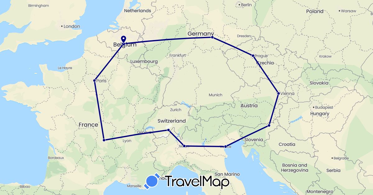 TravelMap itinerary: driving in Austria, Belgium, Switzerland, Czech Republic, Germany, France, Italy, Slovenia (Europe)